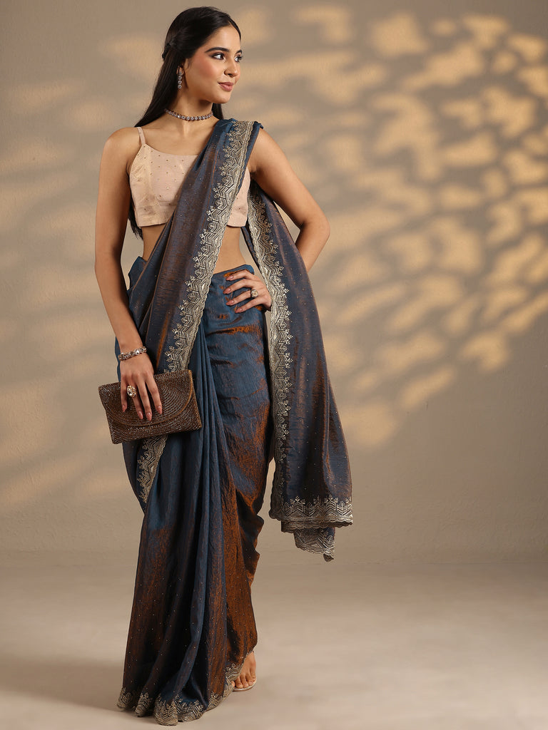 Libas Navy Blue Embellished Silk Blend Saree With Unstitched Blouse Piece