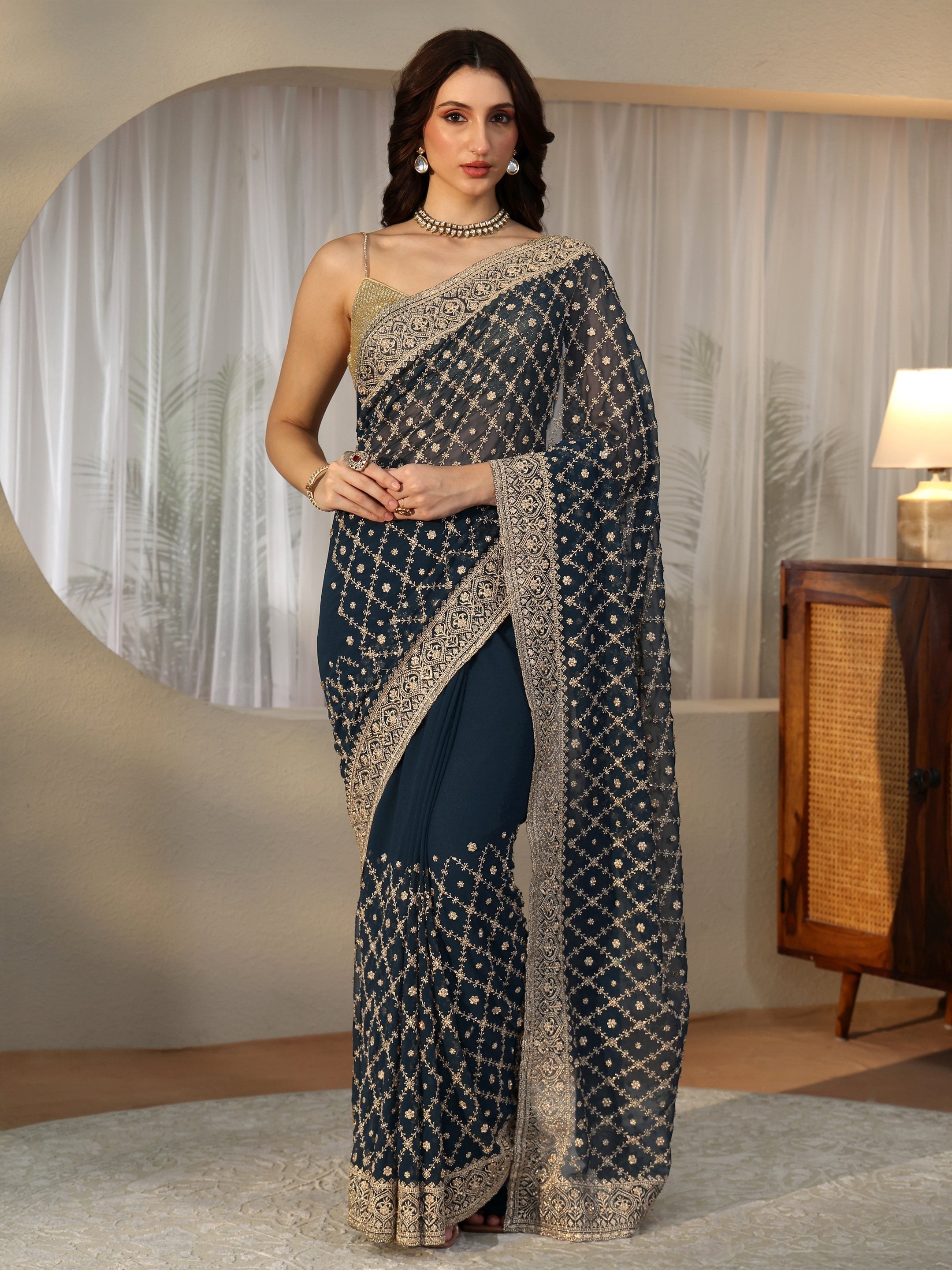 Libas Navy Blue Floral Embroidered Georgette Saree-picture-16