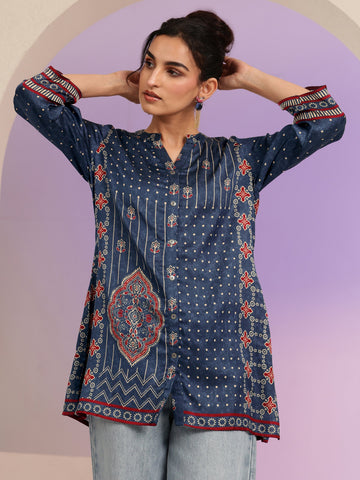 Libas Navy Printed Straight Cotton Blend  Short kurti