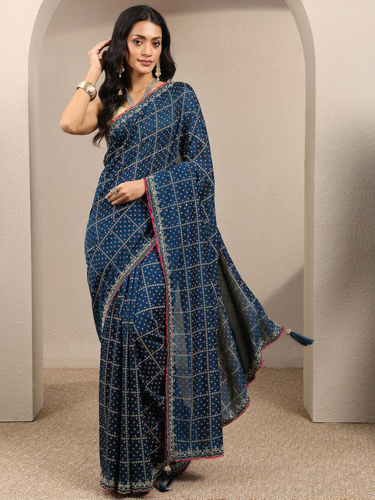 Libas Navy Blue Bandhani Printed Silk Blend Saree With Unstitched Blouse Piece