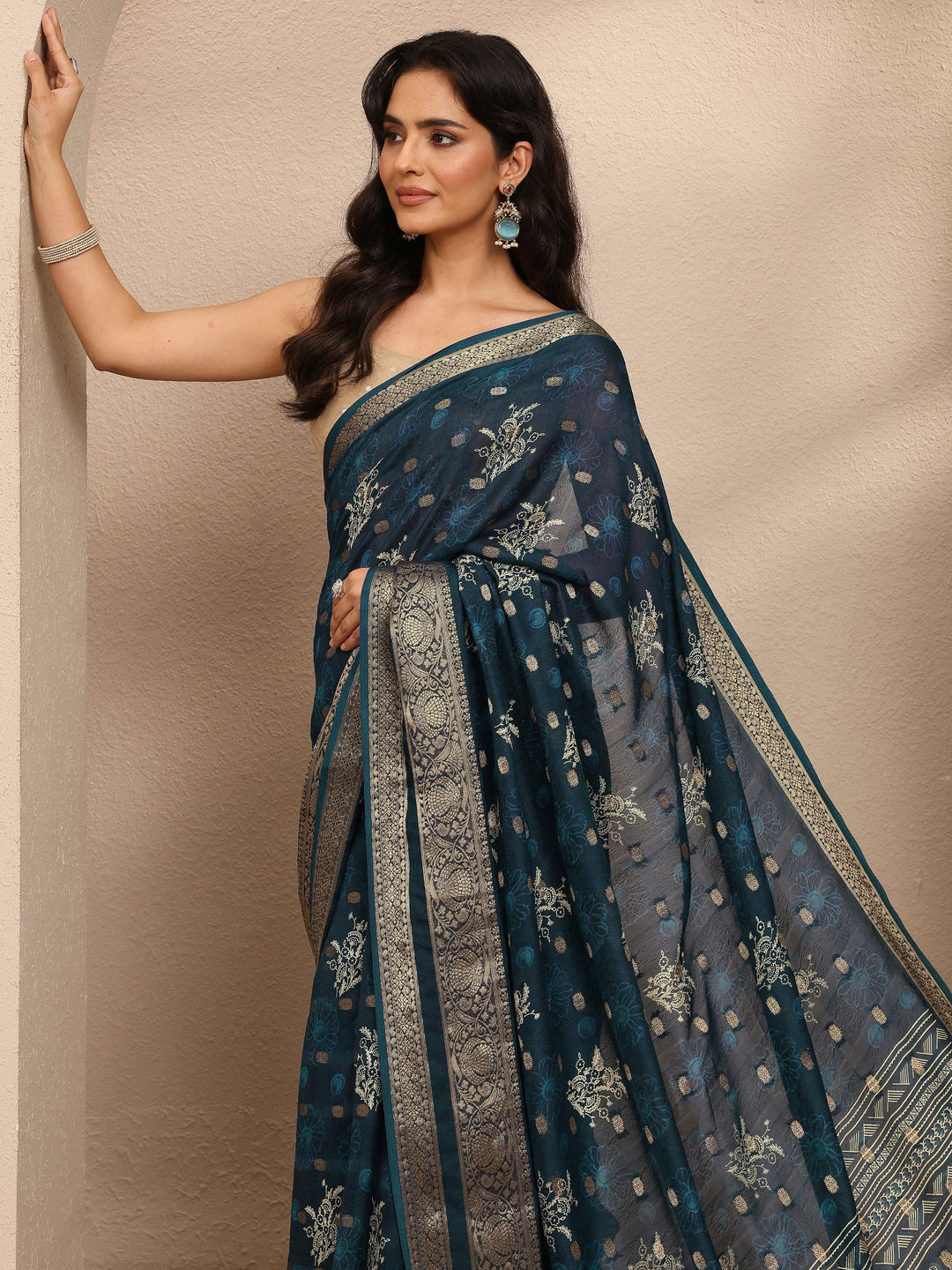  Navy Blue Printed Georgette Saree With Unstitched Blouse Piece 