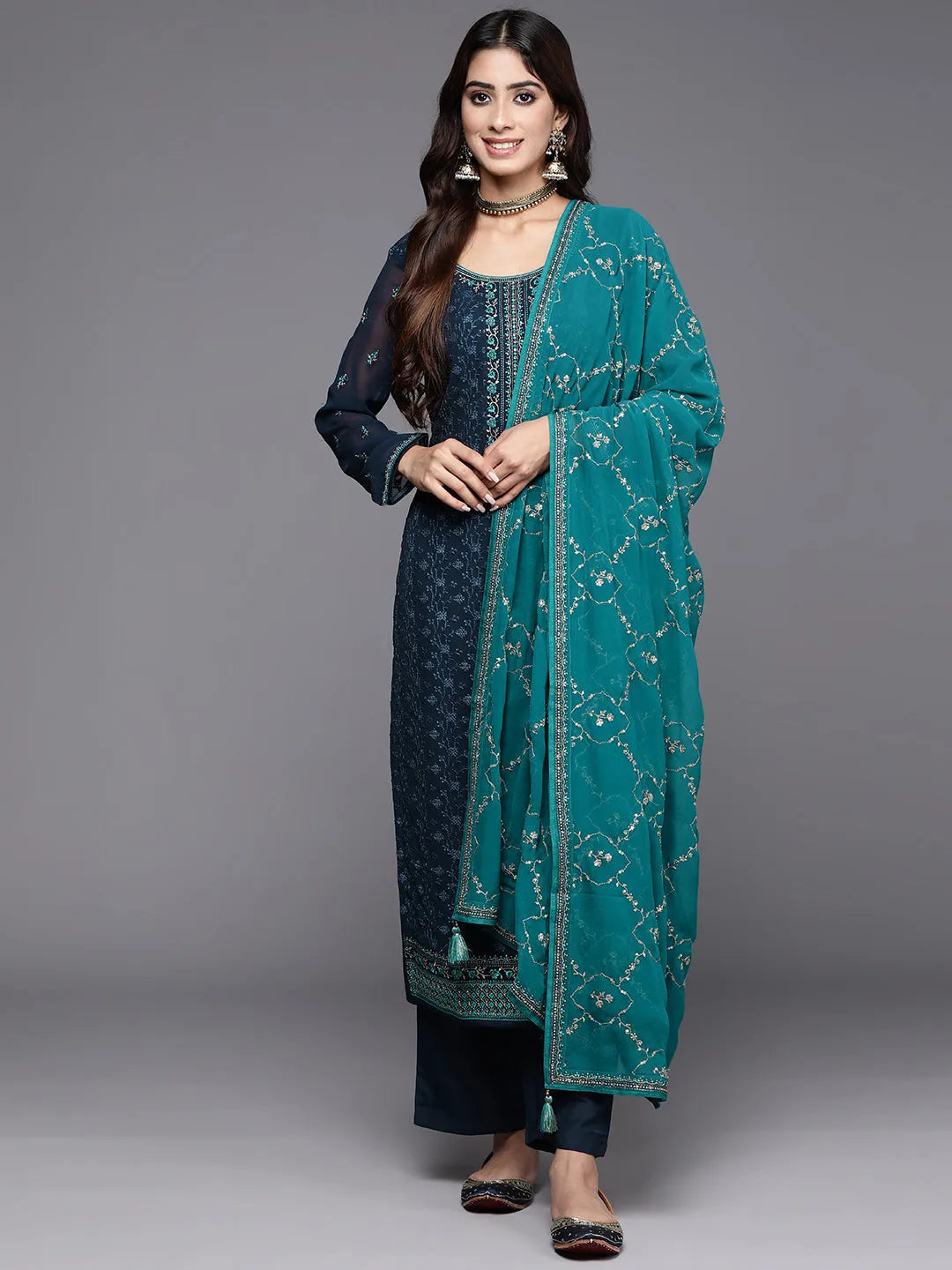 libas Navy Blue Embroidered Georgette Straight Suit With Dupatta-picture-20