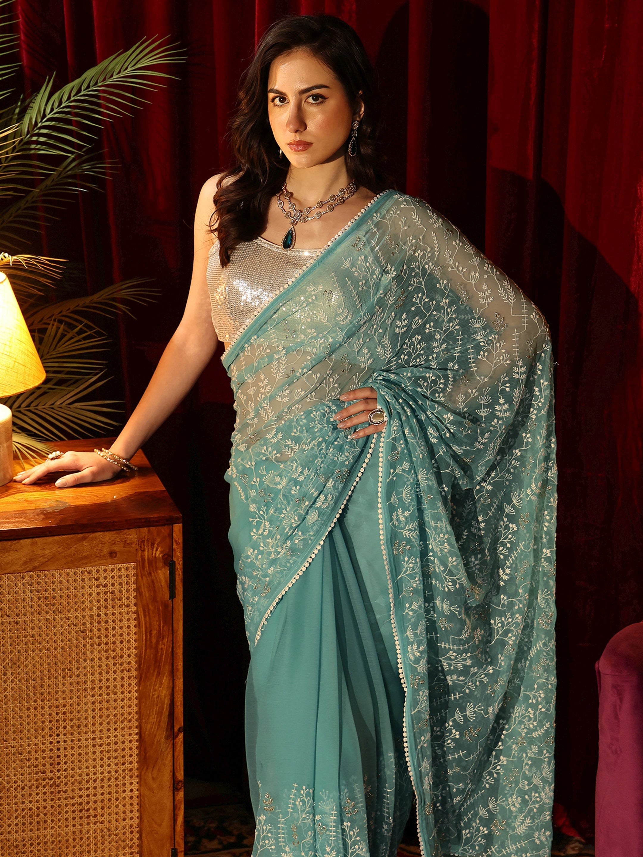 Libas Ocean Blue Floral Embroidered Chiffon Saree-picture-35