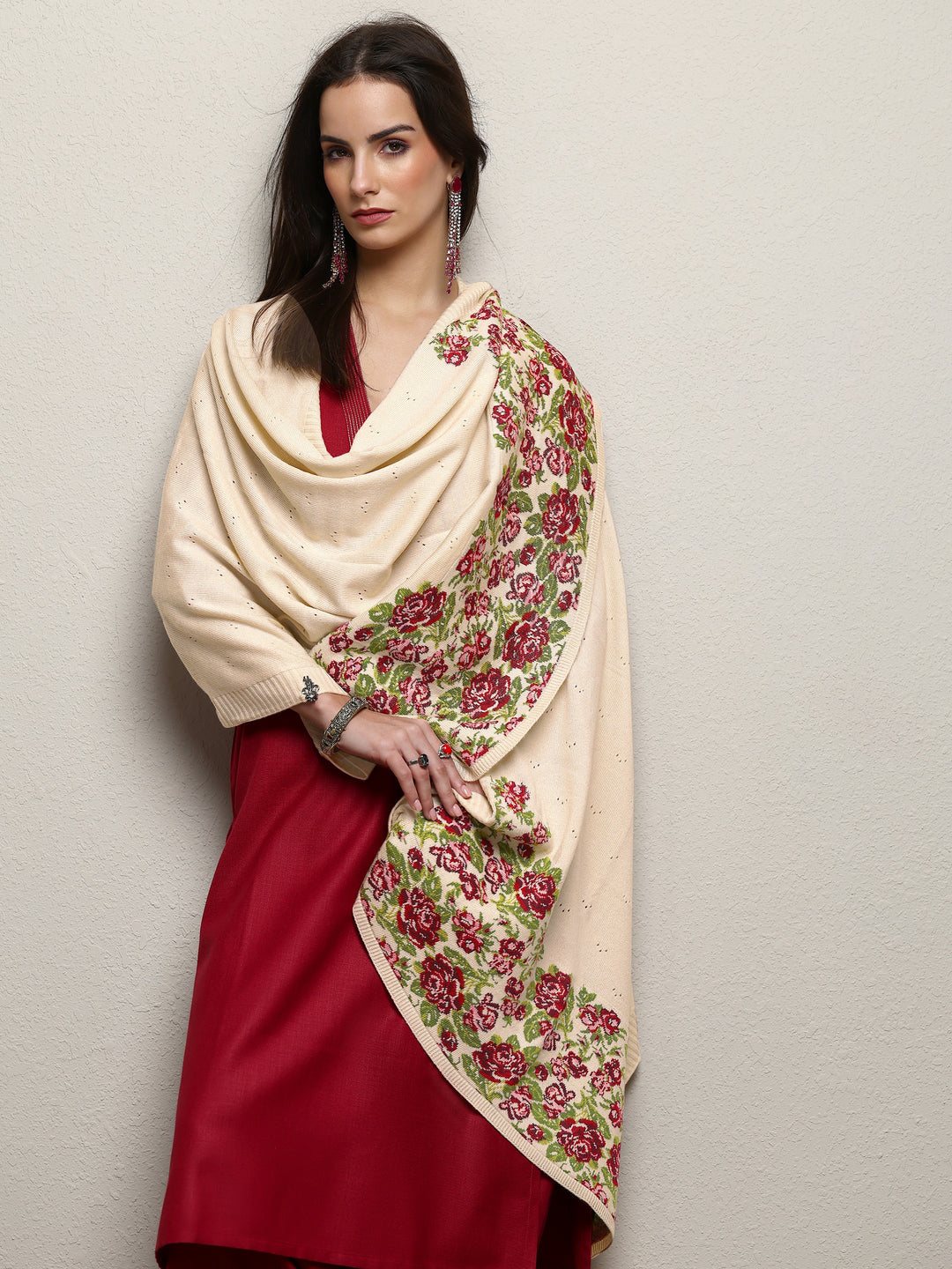 Off White Woven Design Wool Wrap Shawl 