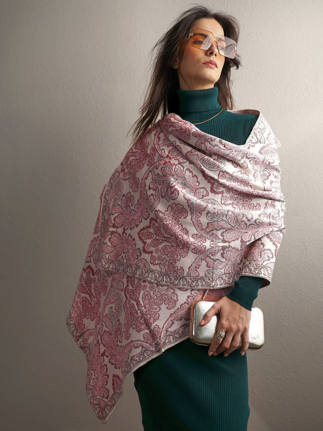 Off White Woven Design Wool Wrap Shawl 