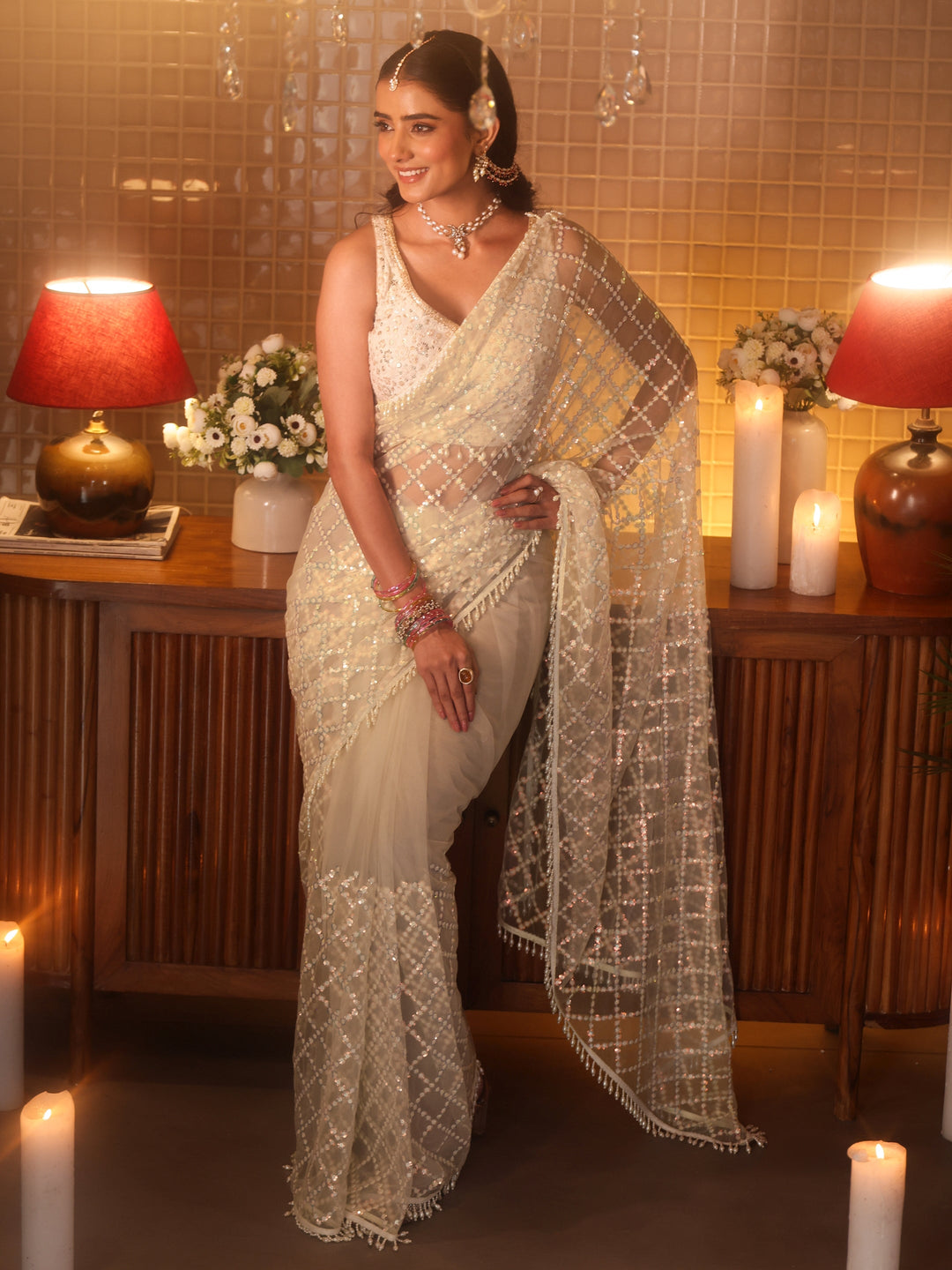  Off white Geometric Embellished Net Saree 