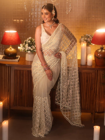 Libas Art Off White Geometric Embellished Net Saree
