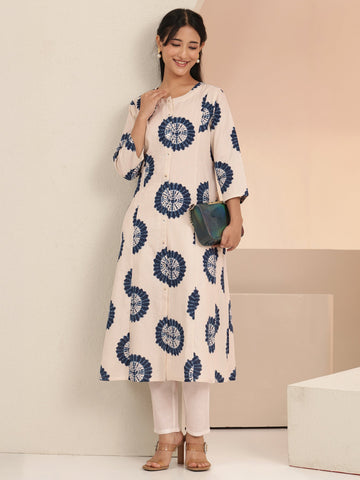 Libas Off white Geometric Printed Cotton Blend A-Line Kurta