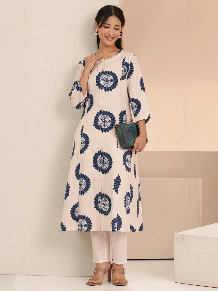 Libas Off white Geometric Printed Cotton Blend A-Line Kurta