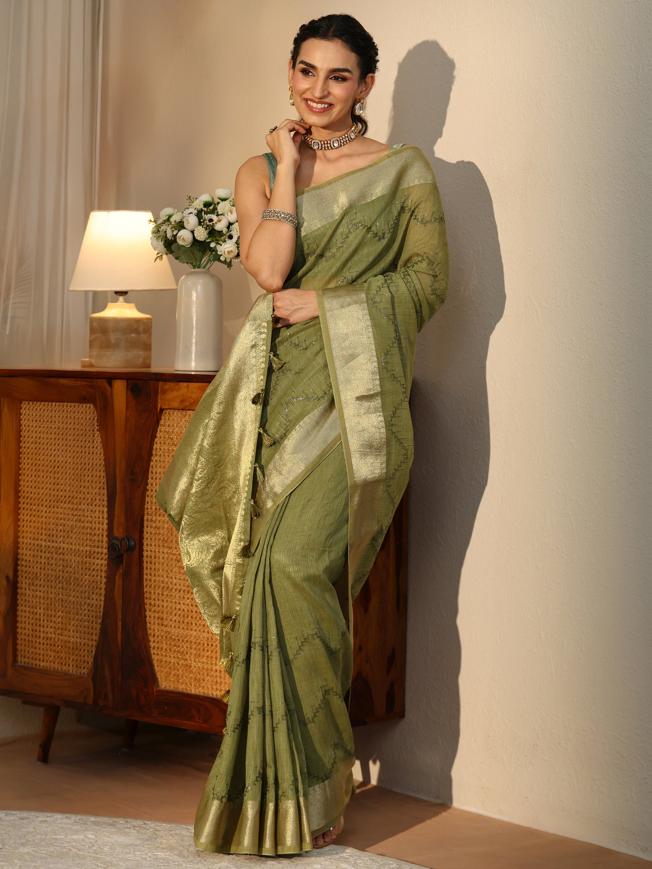libas Olive Green Chevron Embroidered Cotton Blend Saree-picture-22