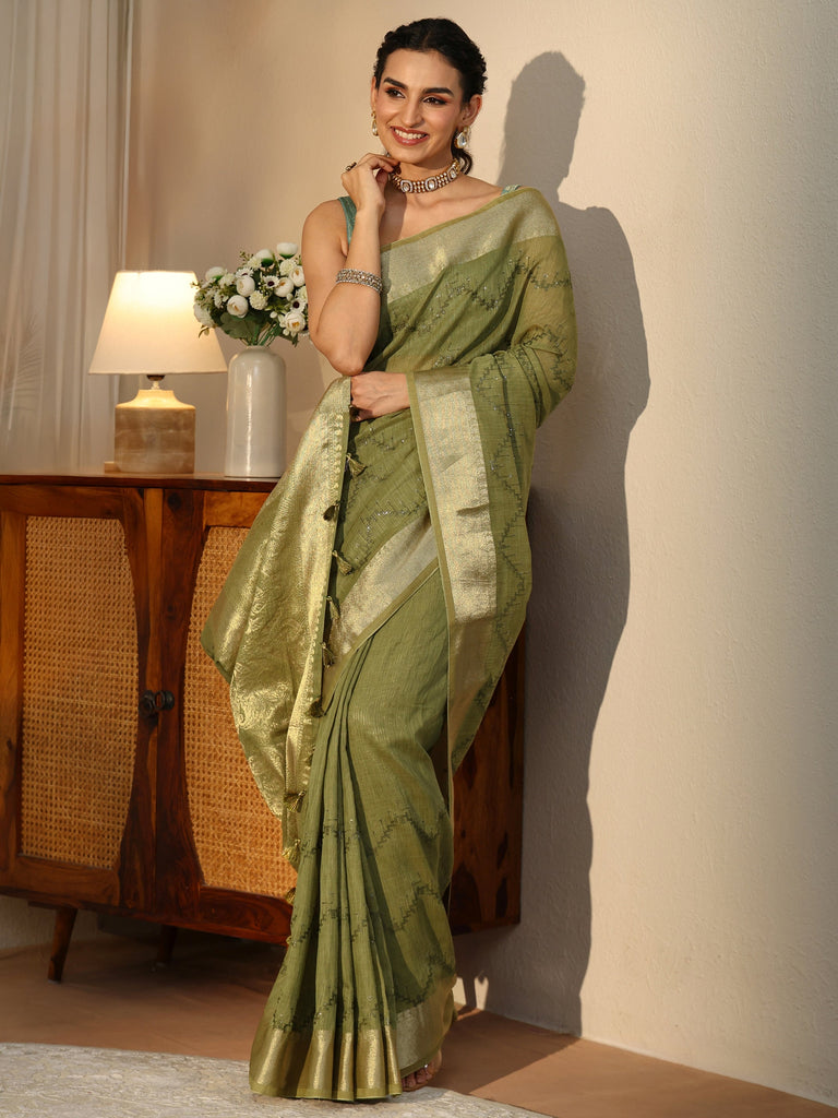 Libas Olive Green Chevron Embroidered Cotton Blend Saree
