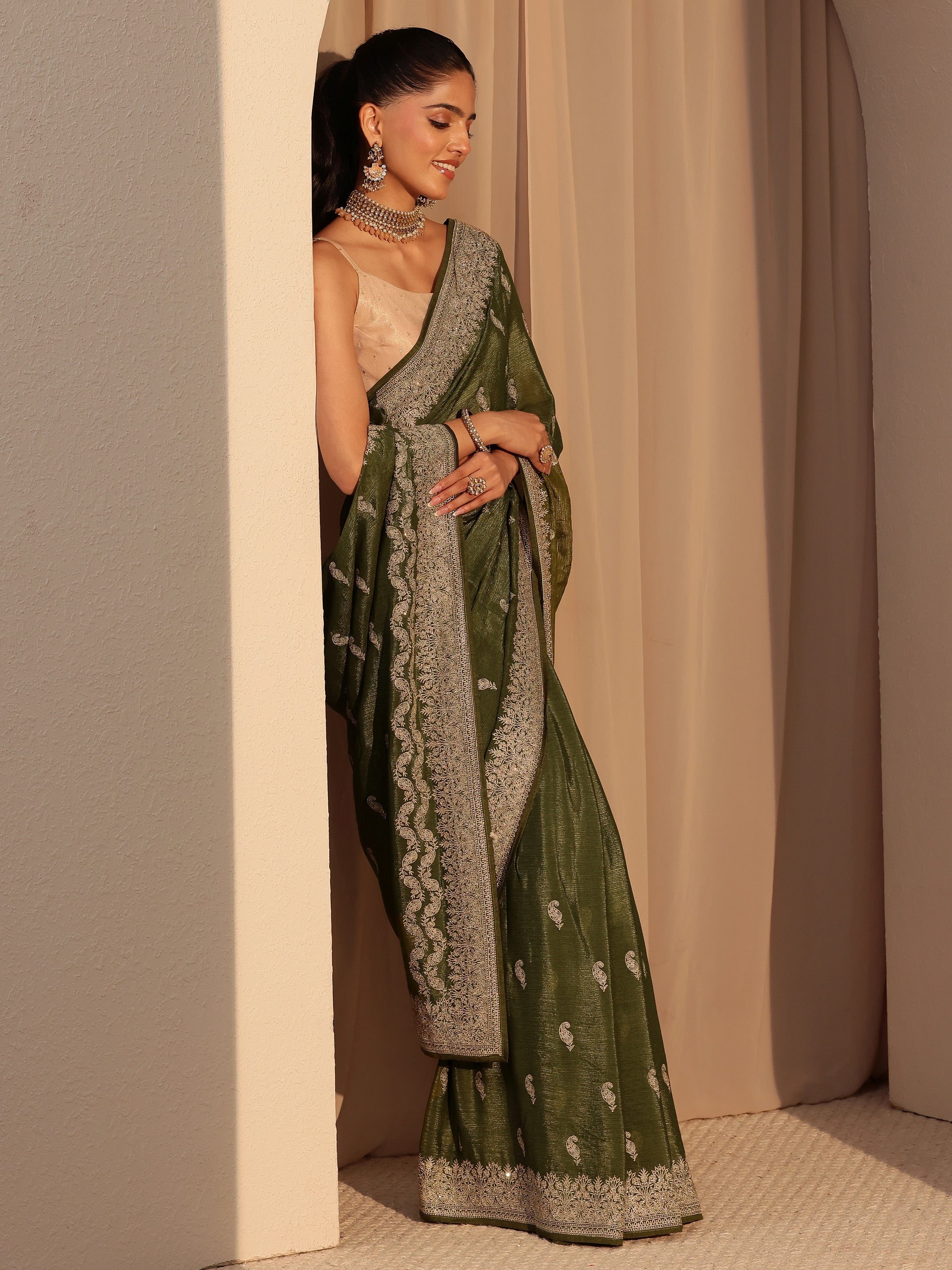 Libas Olive Green Ethnic Embroidered Chiffon Saree-picture-12