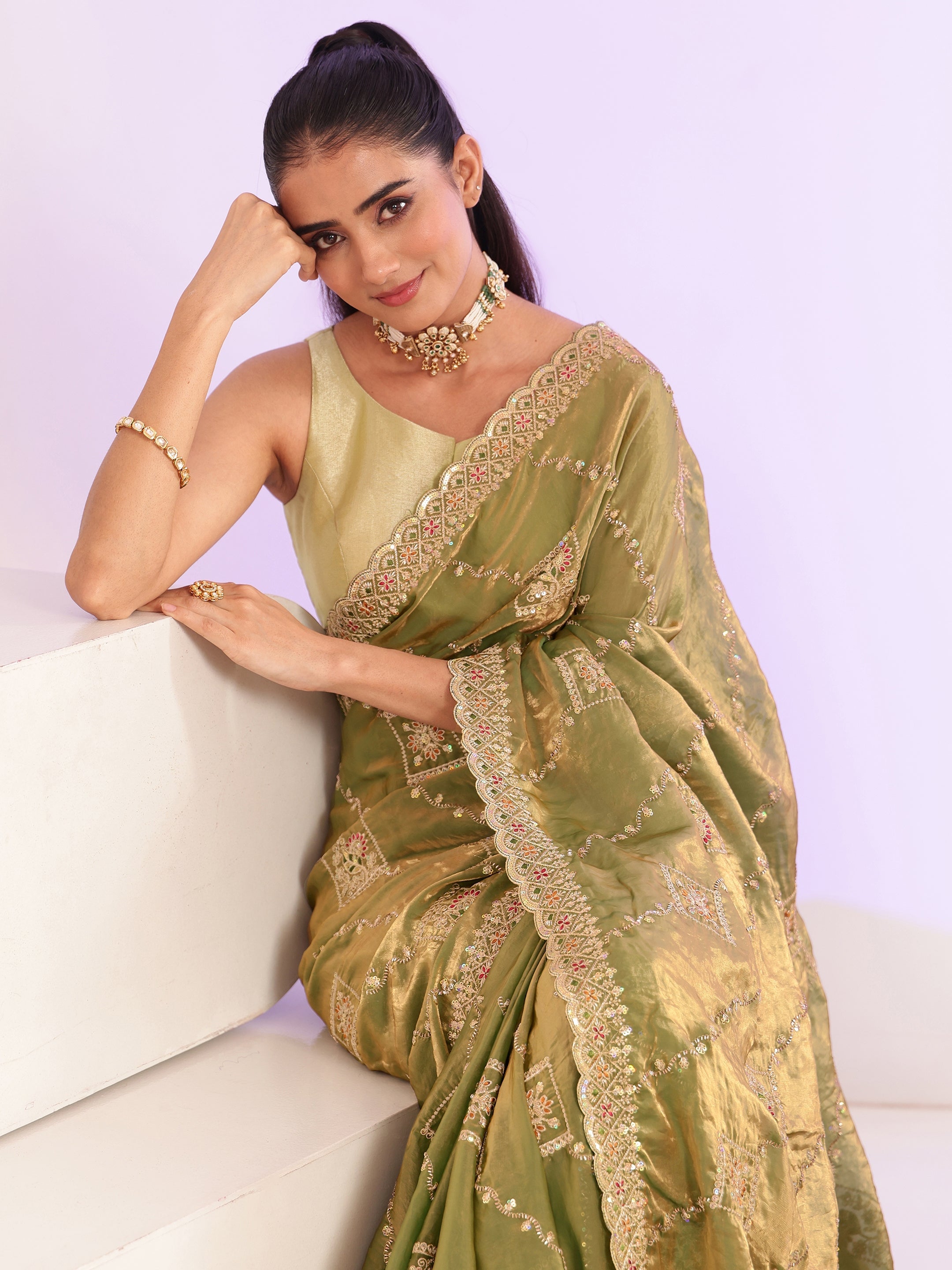 Libas Olive Green Ethnic Embroidered Tissue Saree-picture-63