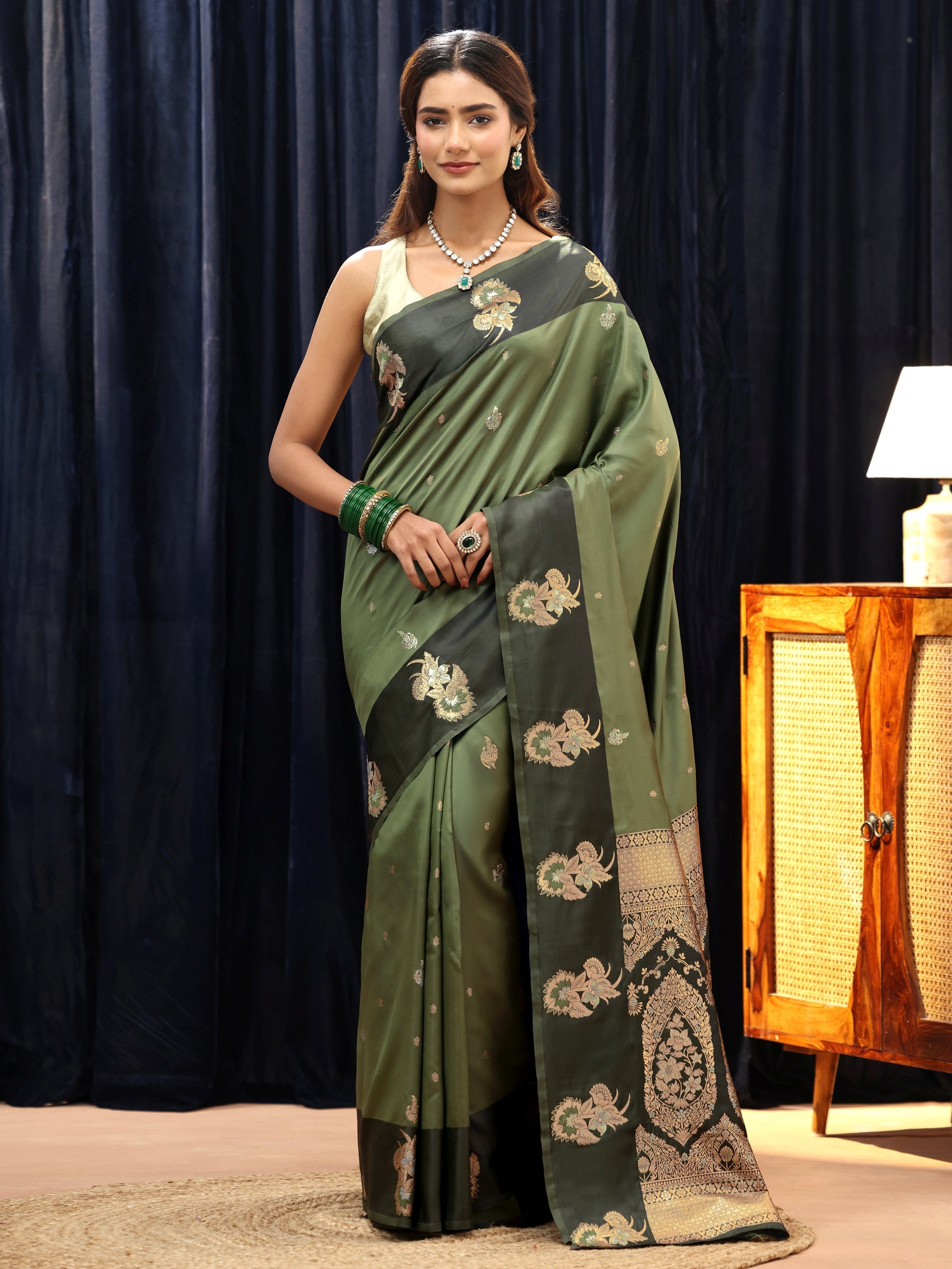 libas Olive Green Floral Woven Design Silk Blend Saree-picture-10