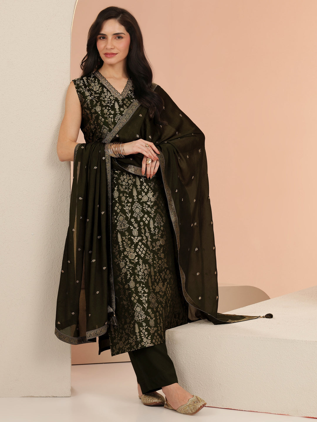  Olive Green Floral Woven Design Silk Blend Straight Suit Set 