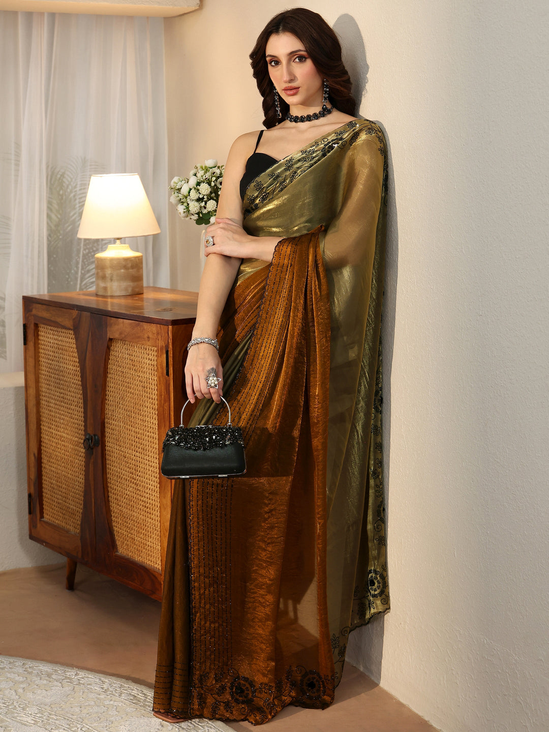  Olive Green and Olive Brown Colour Block Tissue Saree 