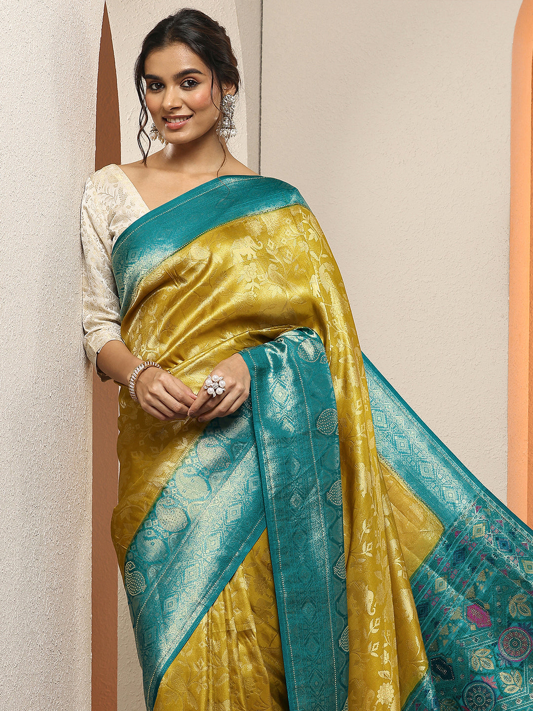 Olive Woven Design Silk Blend Sarees With Unstitched Blouse Piece