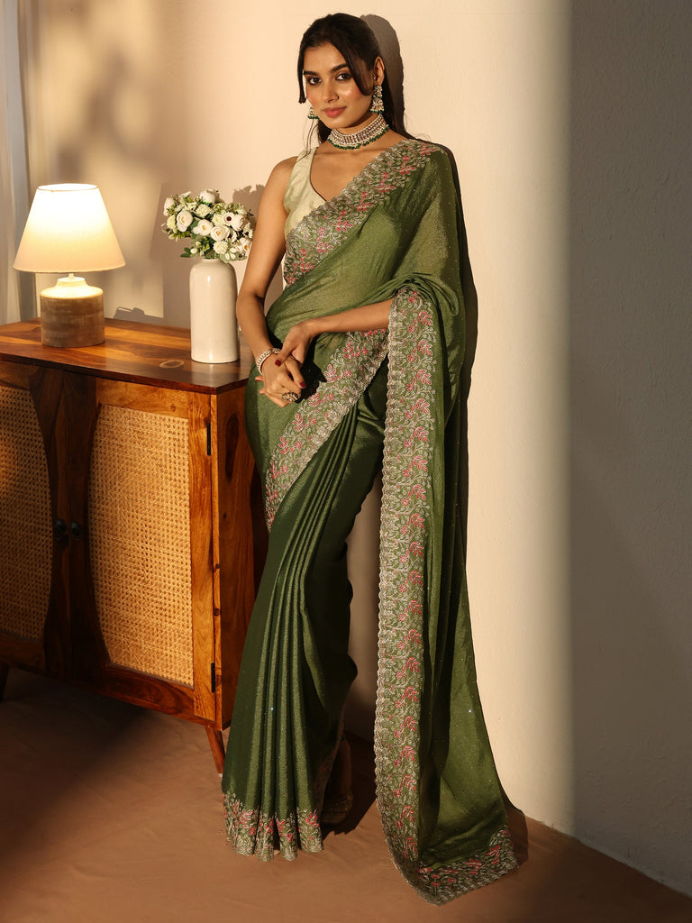 Libas Olive Green Embellished Chiffon Saree