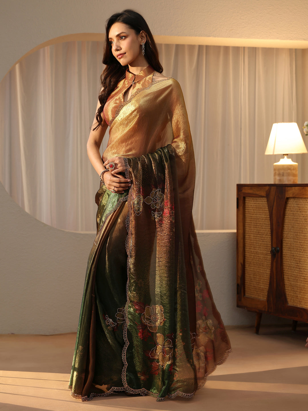  Ombre Beige and Green Floral Silk Blend Saree 