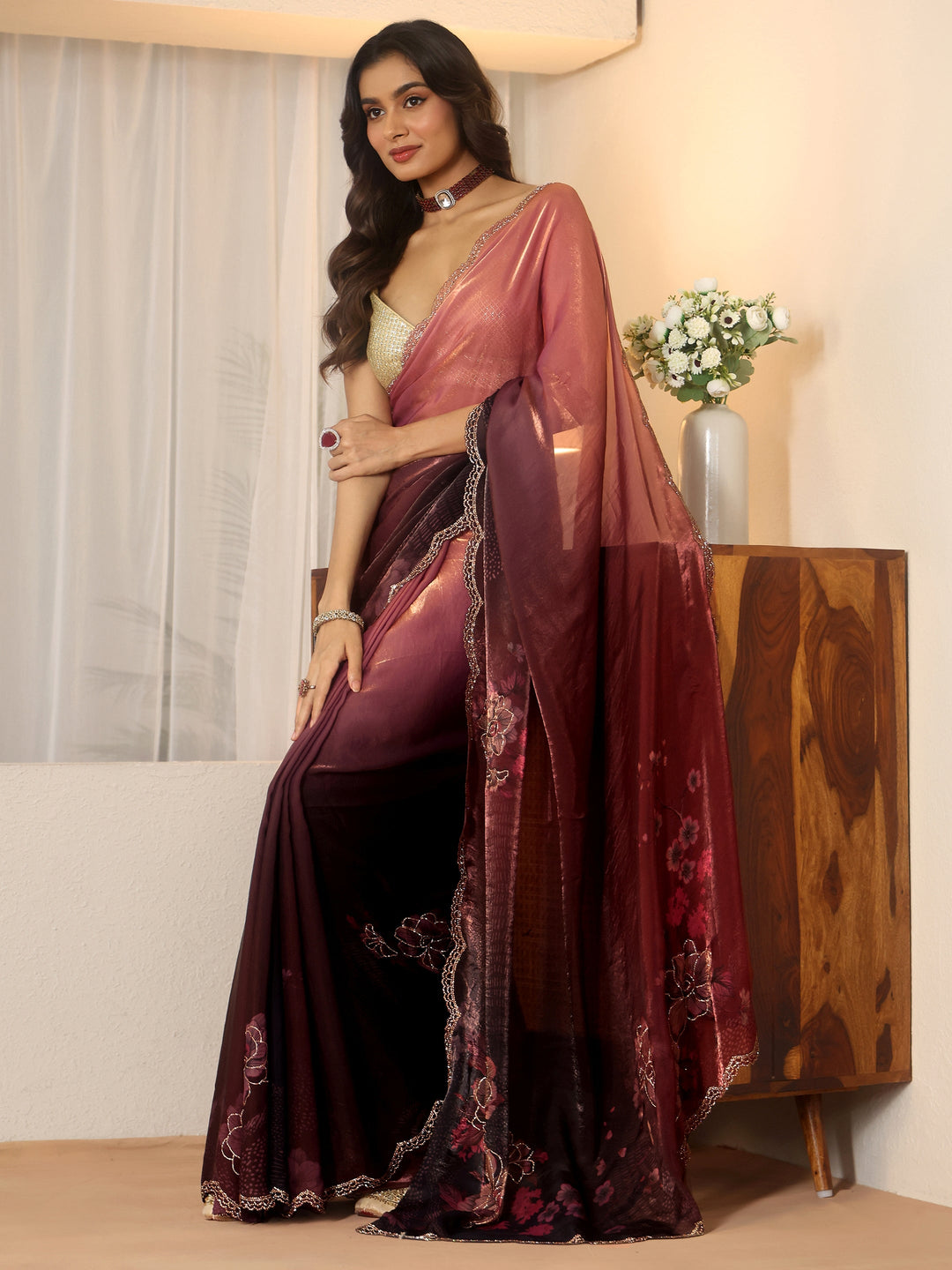  Ombre Purple and Wine Floral Silk Blend Saree 
