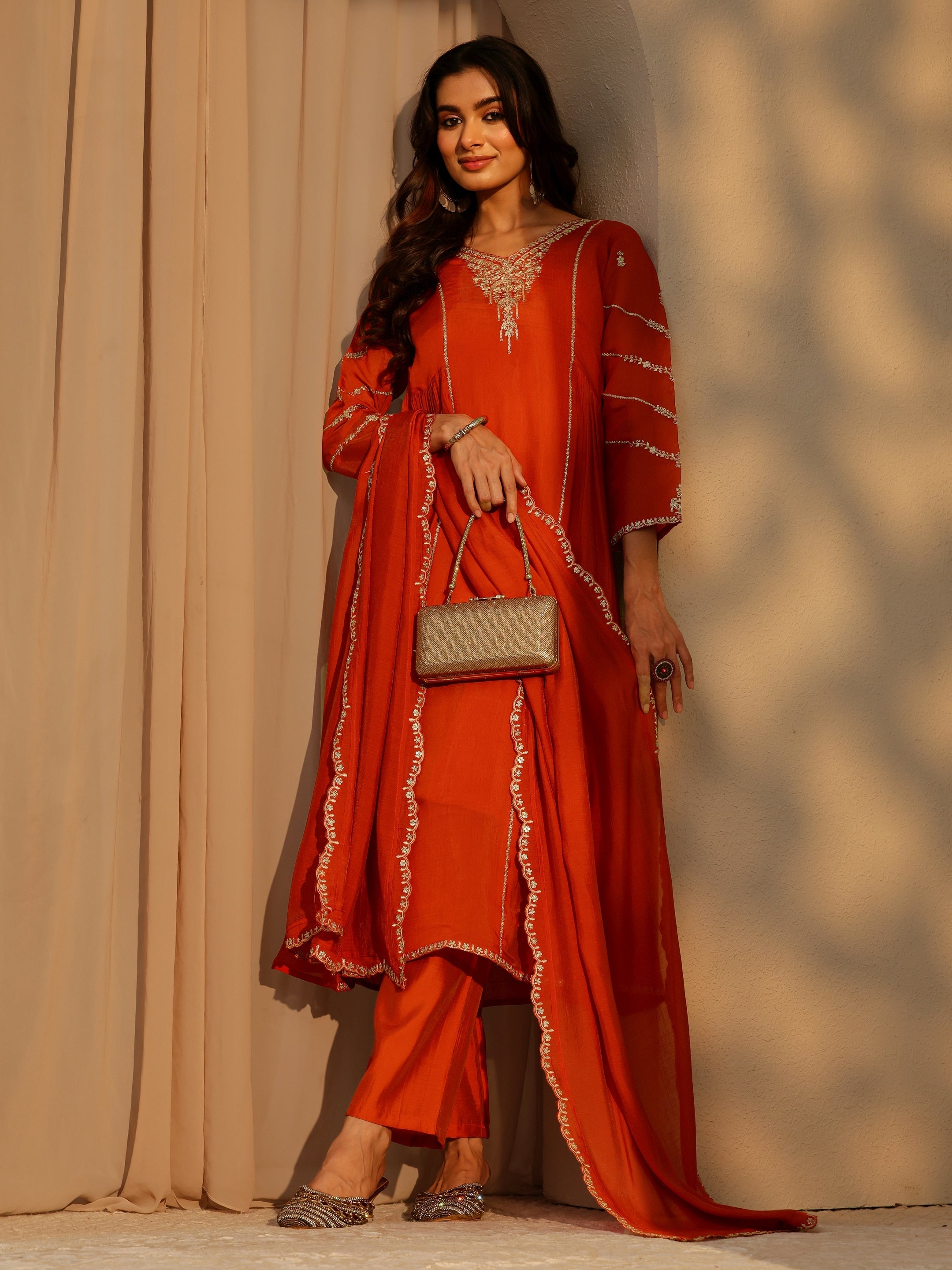 libas Orange Embellished Chanderi Cotton A-Line Suit Set-picture-23