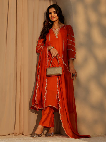 Orange Embellished Chanderi Cotton A-Line Suit Set