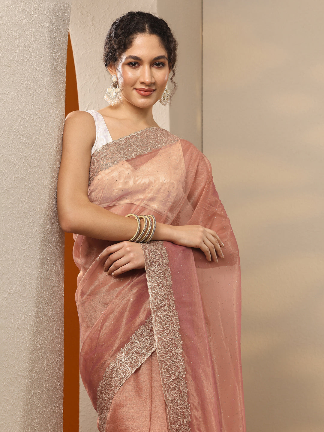 Orange Embellished Nylon Saree With Unstitched Blouse Piece