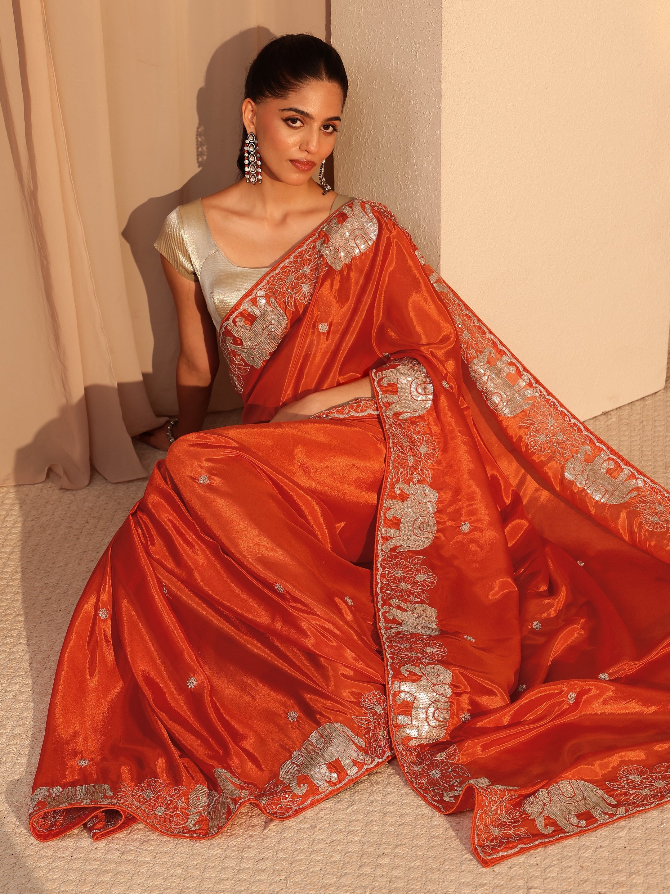 libas Orange Embellished Satin Saree with Gaja Motif Border-picture-14