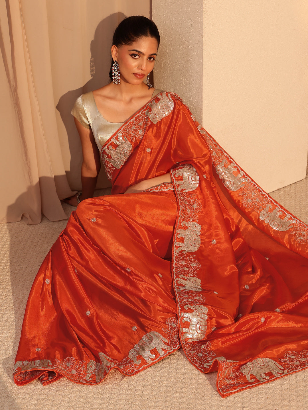  Orange Embellished Satin Saree with Gaja Motif Border 