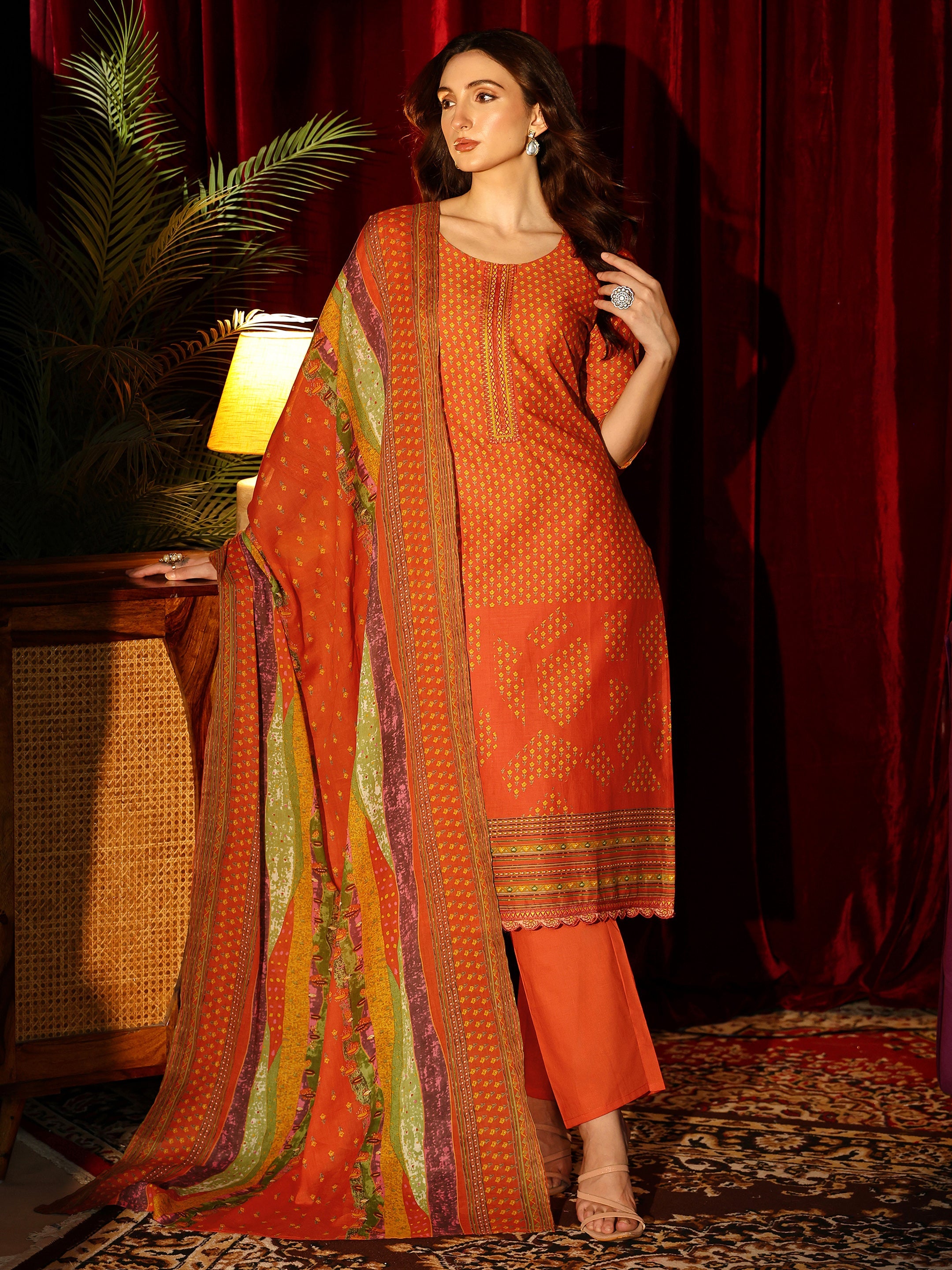 libas Orange Floral Printed Cotton Blend Straight Suit Set-picture-40