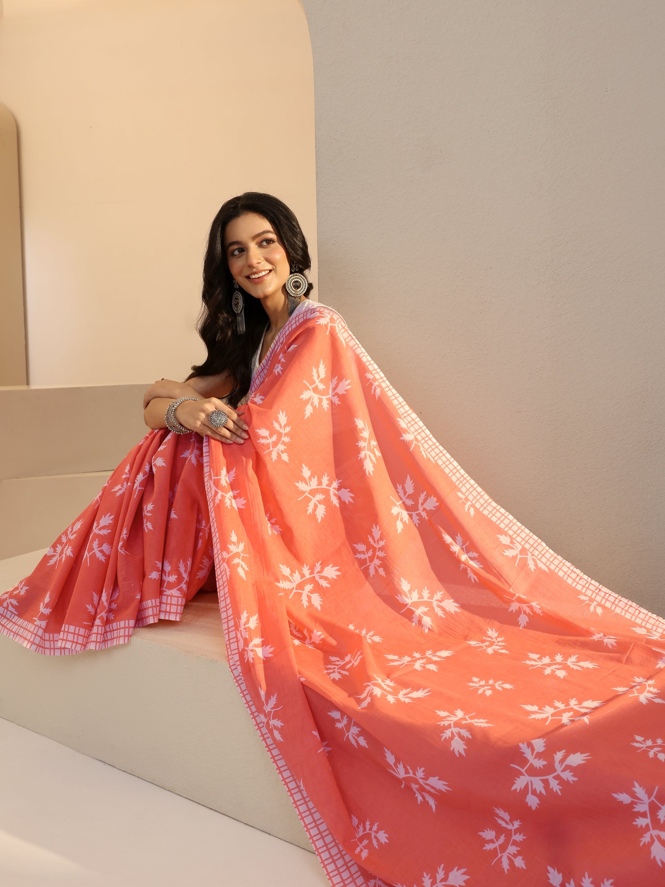 Libas Salmon Orange Fern Print Cotton Saree-picture-12