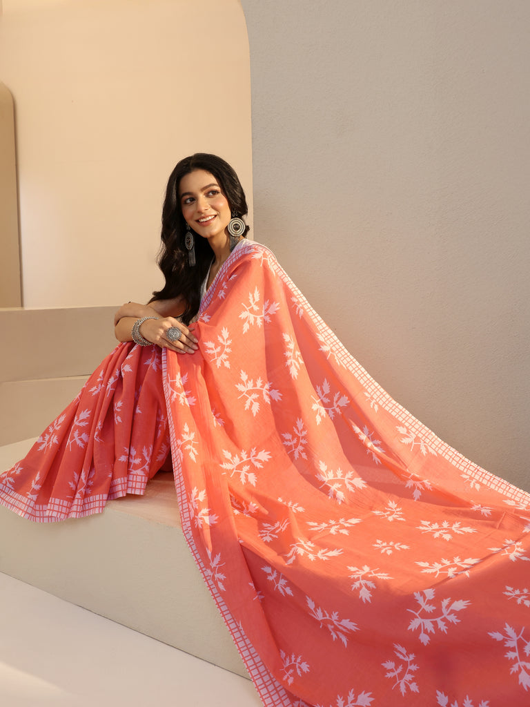Libas Salmon Orange Fern Print Cotton Saree