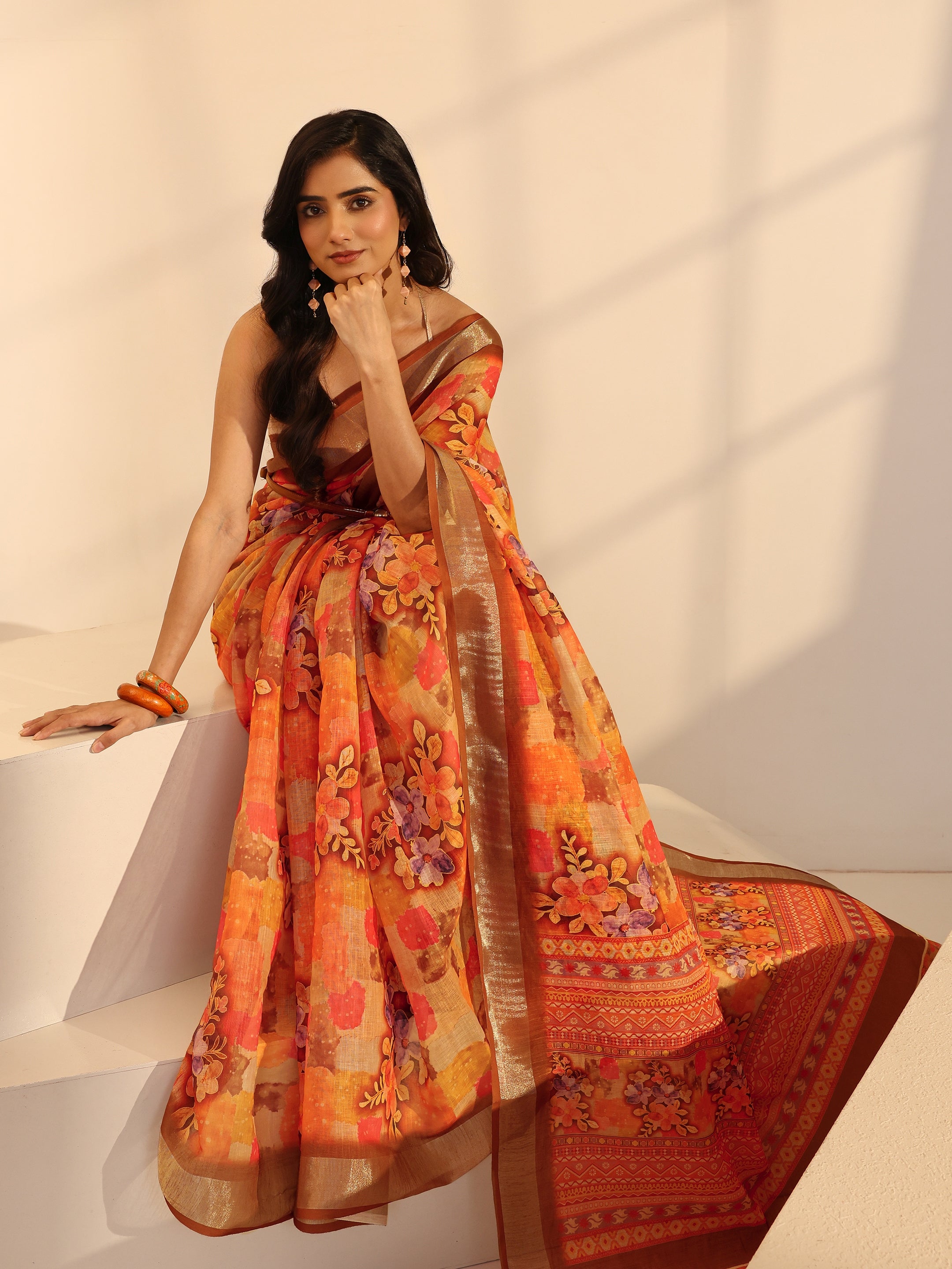 Orange Floral Printed cotton blend Saree-image-25