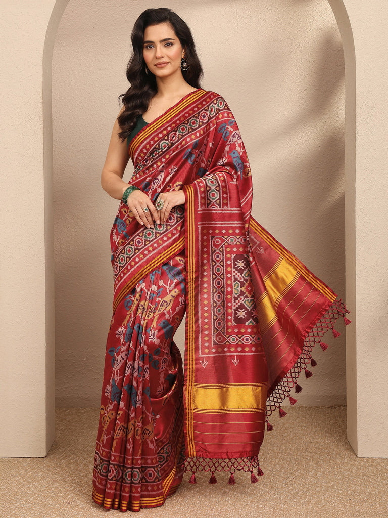 Libas Orange Ikkat Printed Silk Blend Saree With Unstitched Blouse Piece