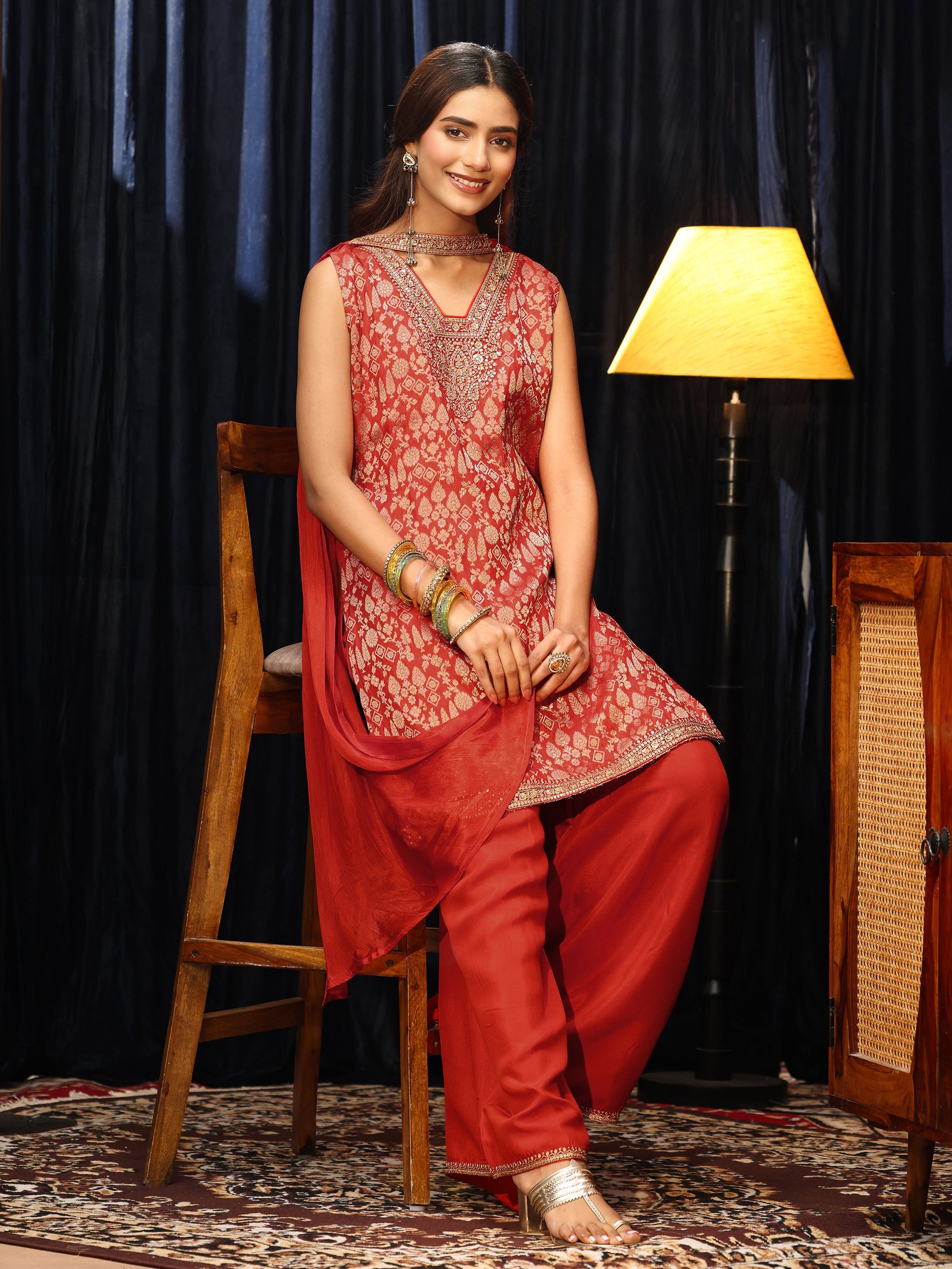 Orange Woven Design Silk Blend Palazzo Suit Set-image-48