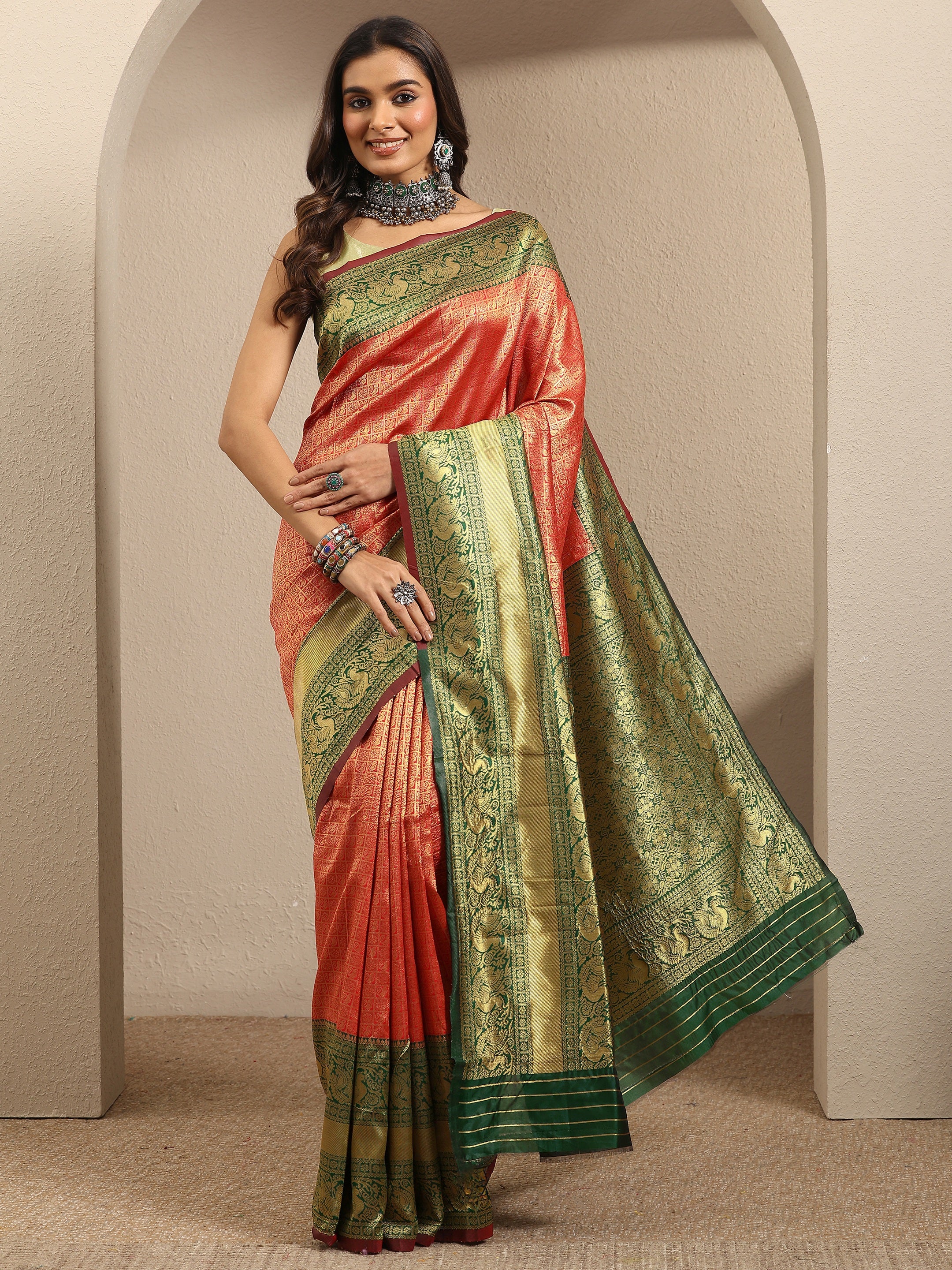 libas Orange Woven Design Silk Blend Saree With Unstitched Blouse Piece-picture-21