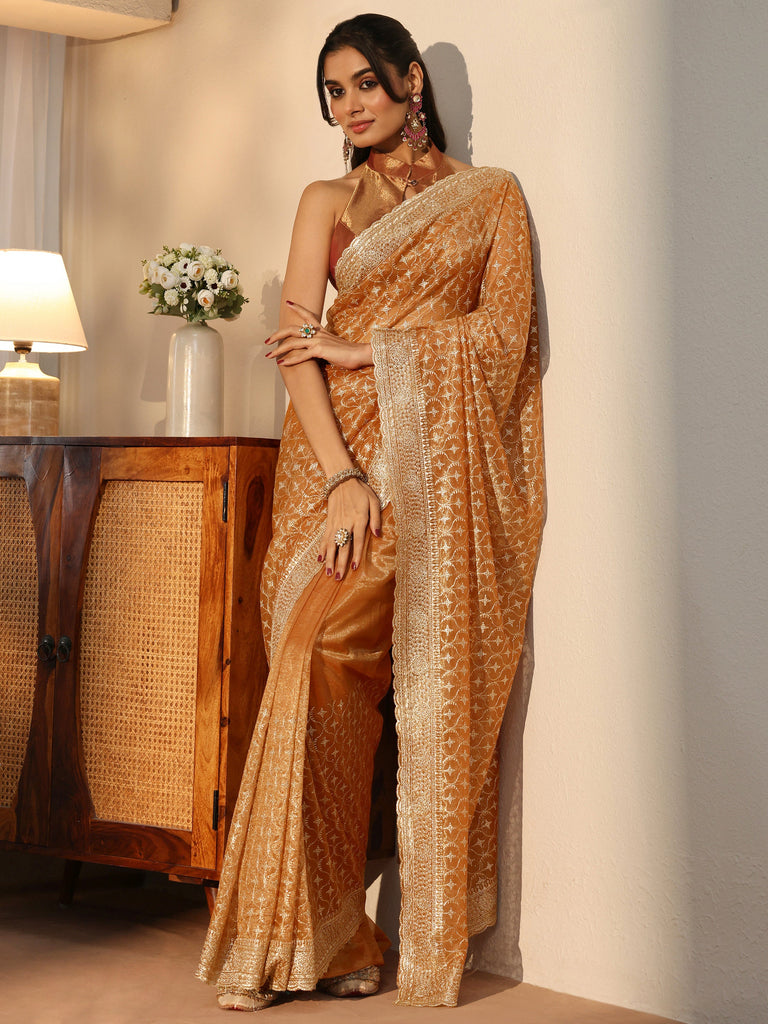 Libas Orange Ethnic Embroidered Net Saree