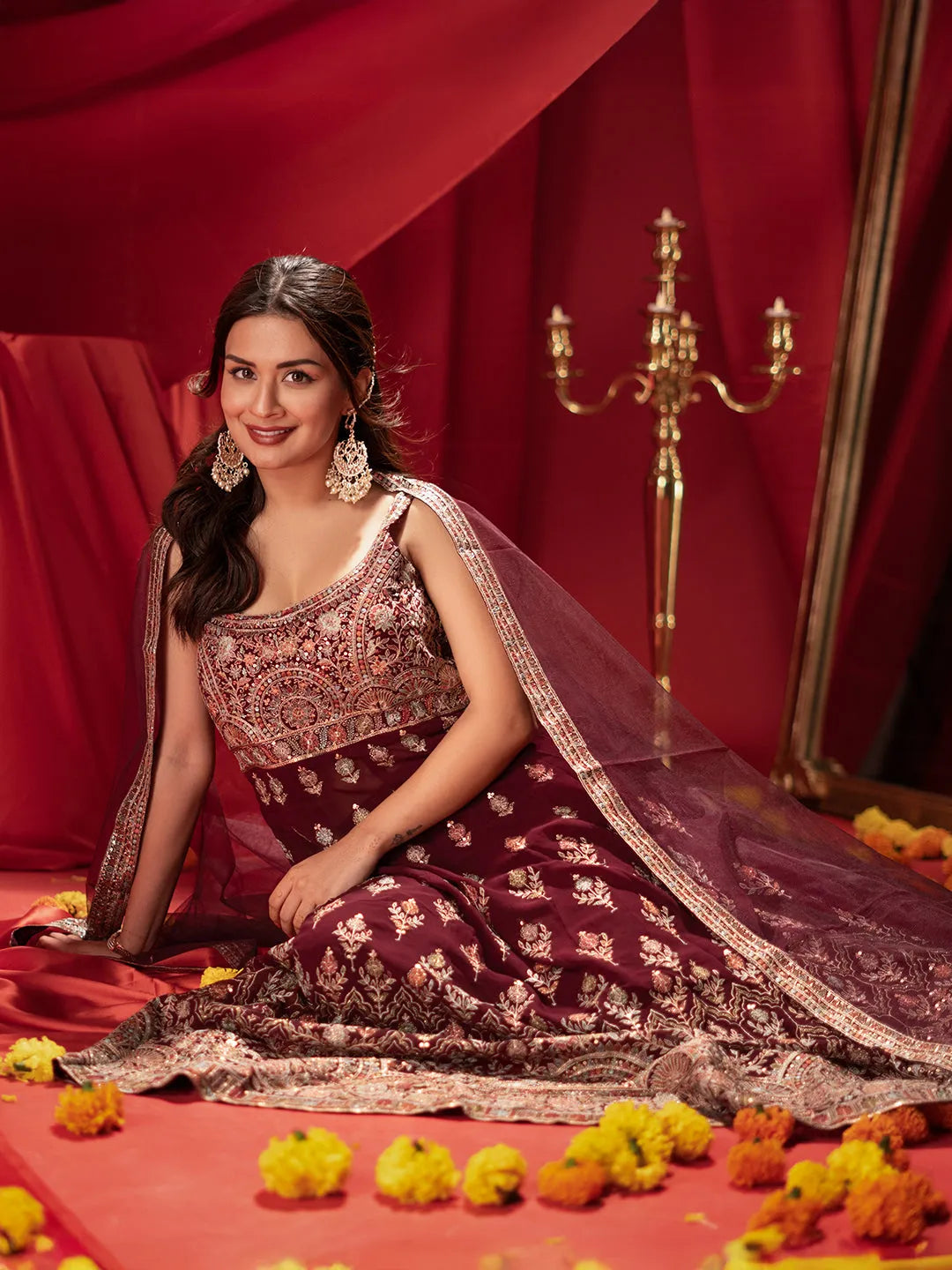  Mehreen Libas Art Wine Embroidered Georgette A-Line Kurta With Palazzos & Dupatta 