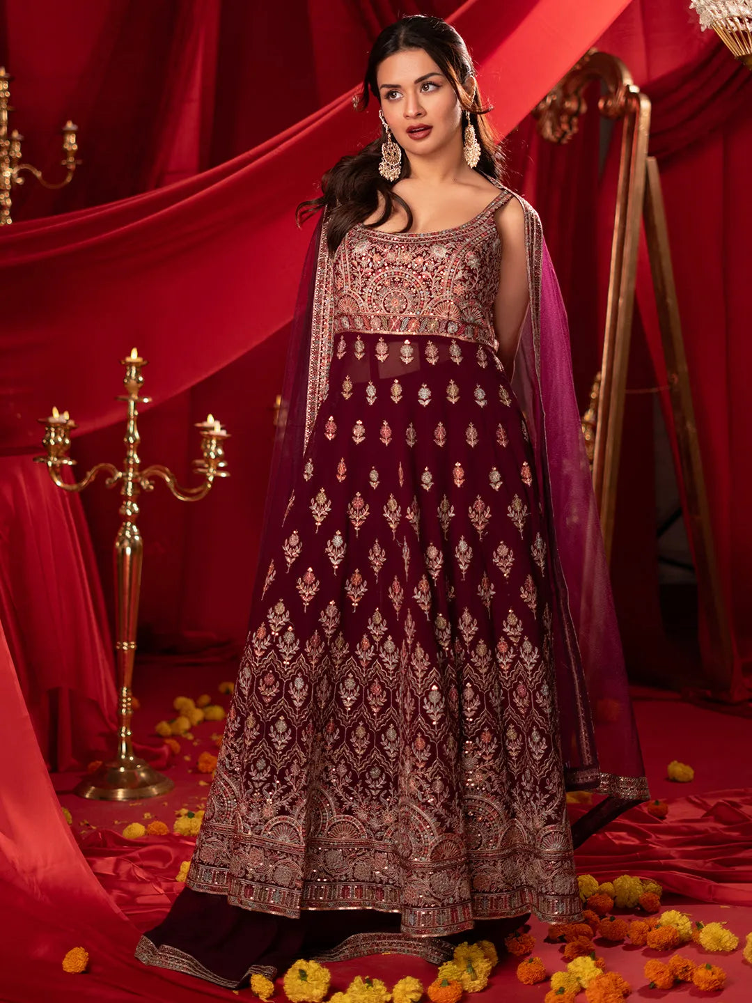 Mehreen Libas Art Wine Embroidered Georgette A-Line Kurta With Palazzos & Dupatta 