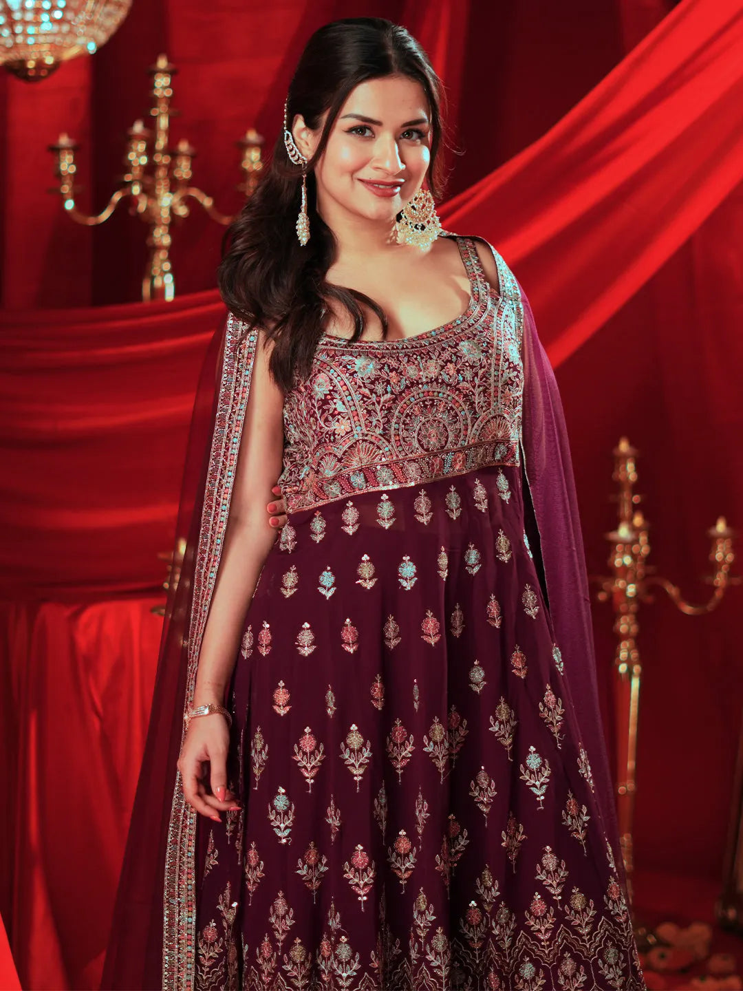  Mehreen Libas Art Wine Embroidered Georgette A-Line Kurta With Palazzos & Dupatta 