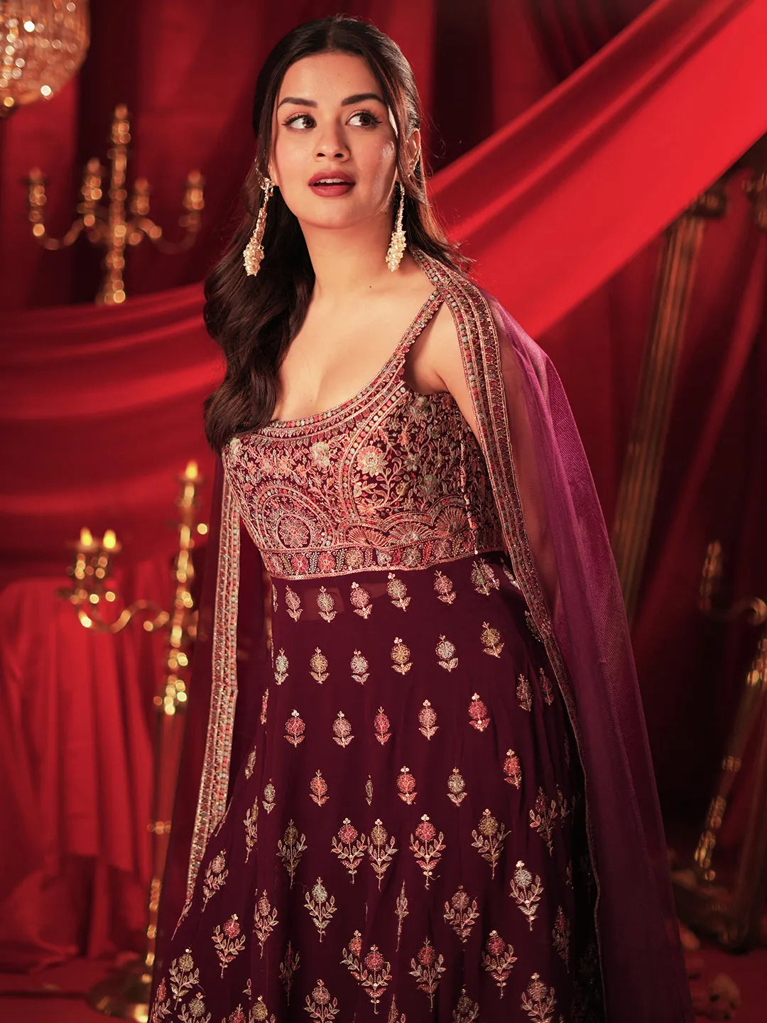 Mehreen Libas Art Wine Embroidered Georgette A-Line Kurta With Palazzos & Dupatta-picture-25
