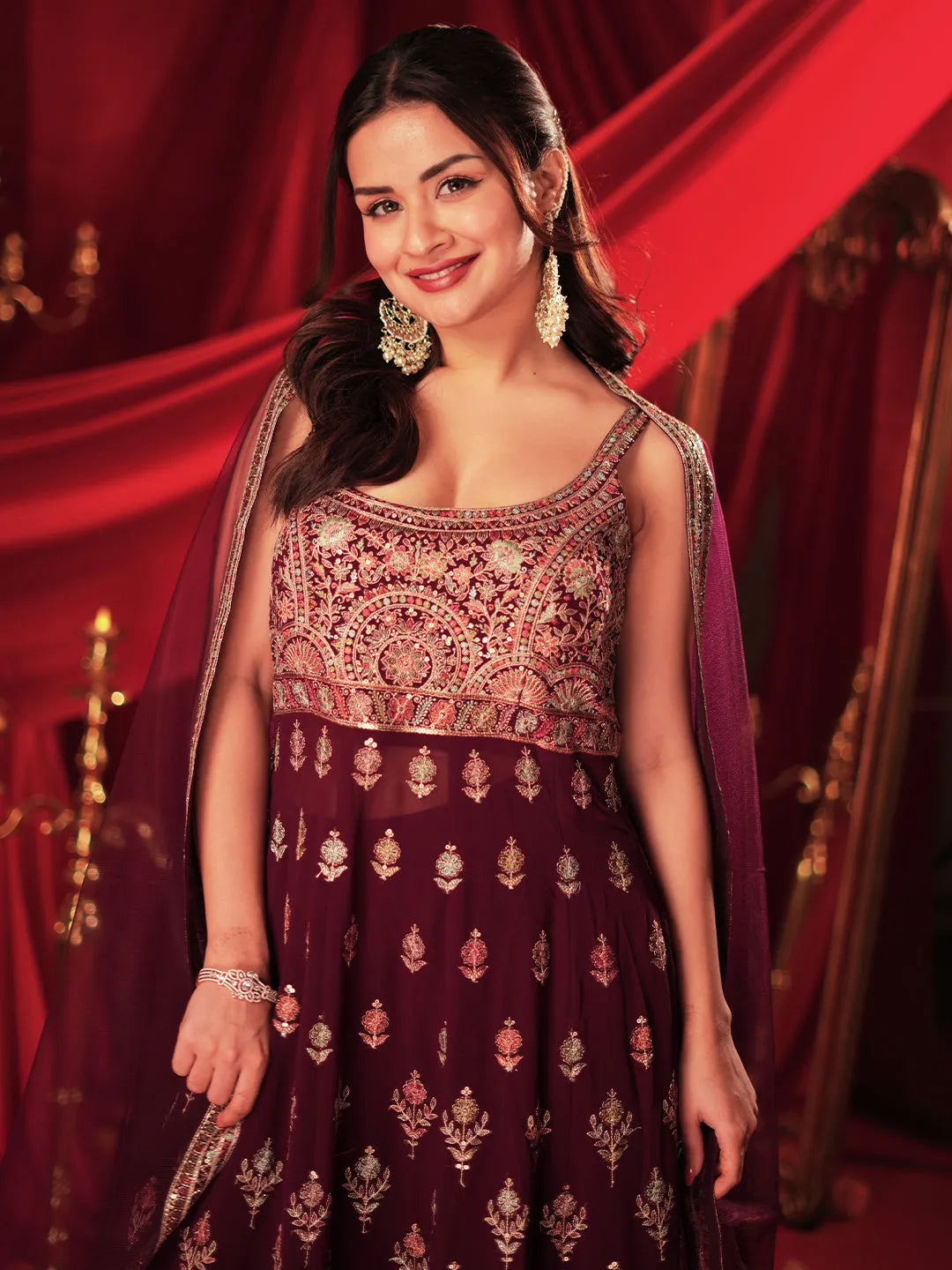  Mehreen Libas Art Wine Embroidered Georgette A-Line Kurta With Palazzos & Dupatta 