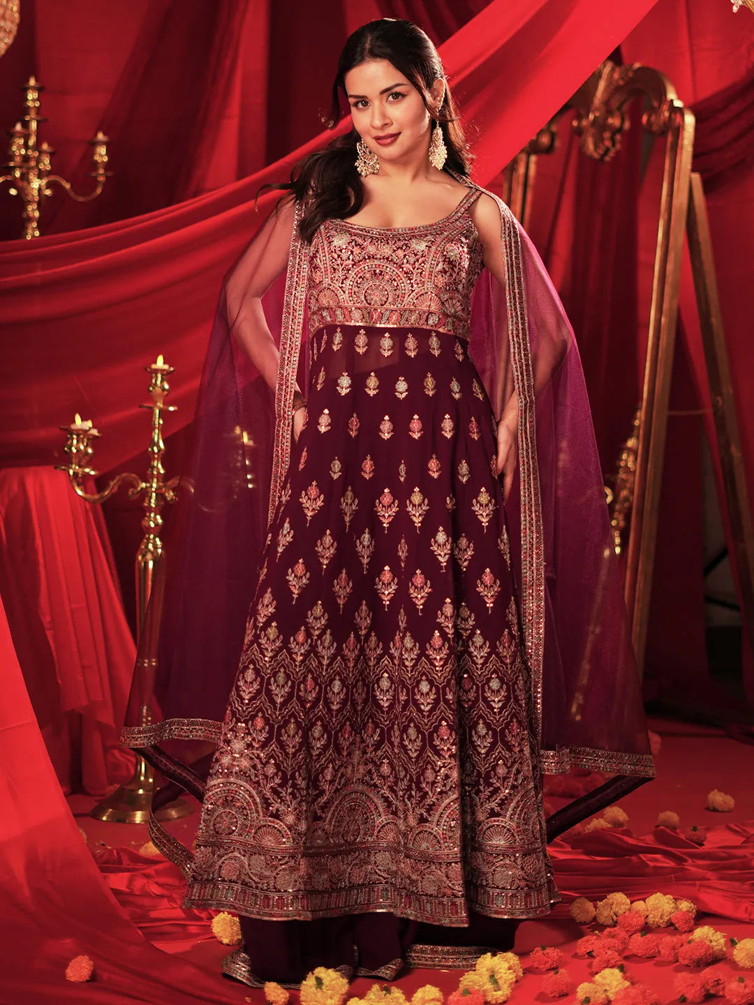  Mehreen Libas Art Wine Embroidered Georgette A-Line Kurta With Palazzos & Dupatta 