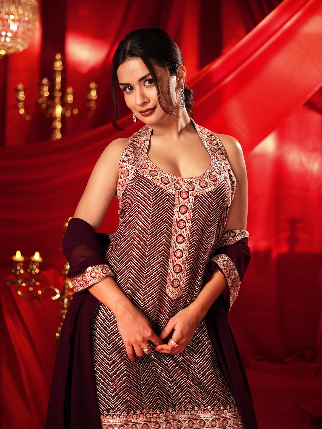 Zarina Libas Art Wine Embroidered Georgette Straight Suit With Dupatta-picture-24