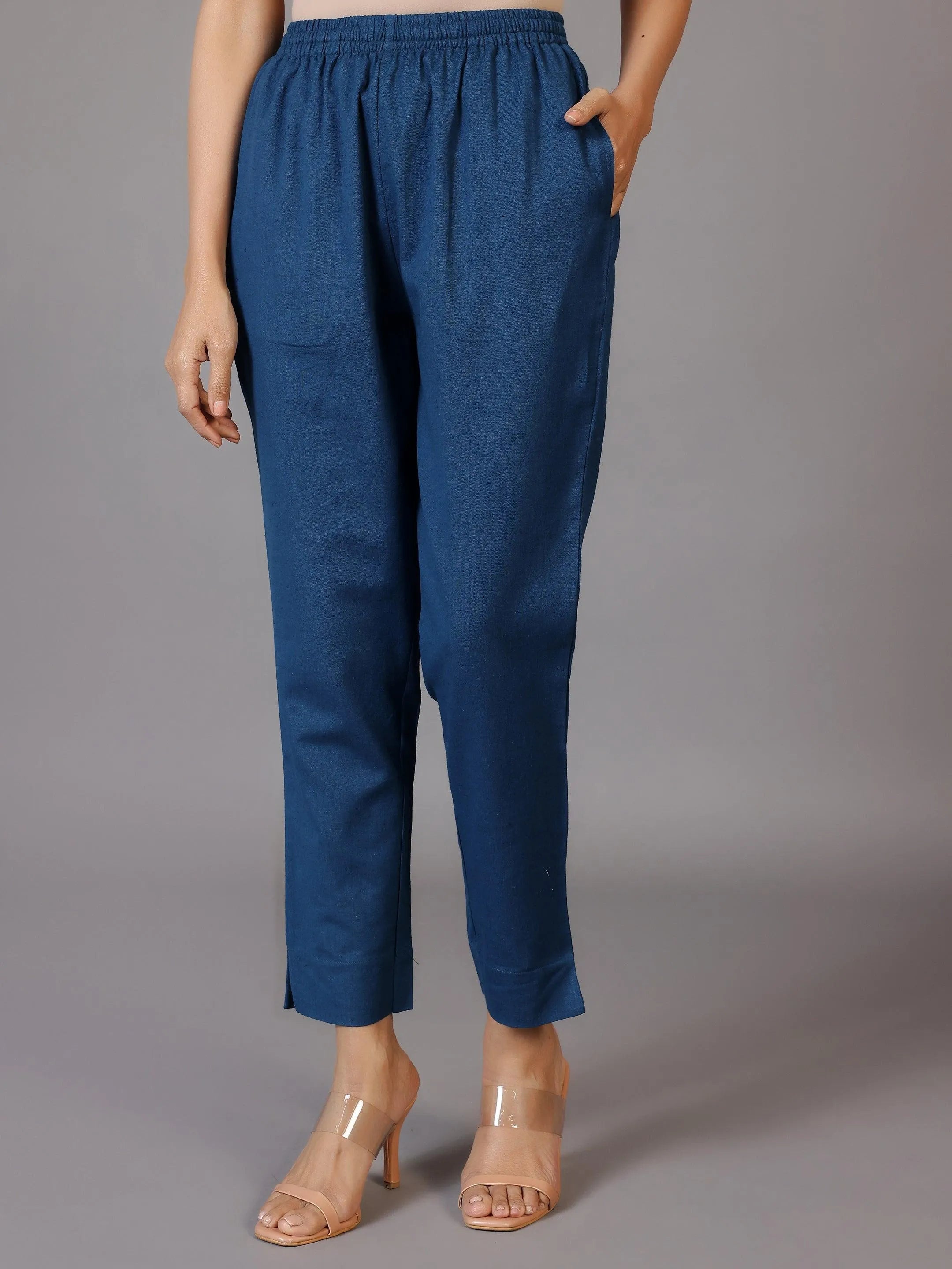 libas Teal Solid Cotton Trousers-picture-26