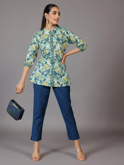 Teal Solid Cotton Trousers - Libas
