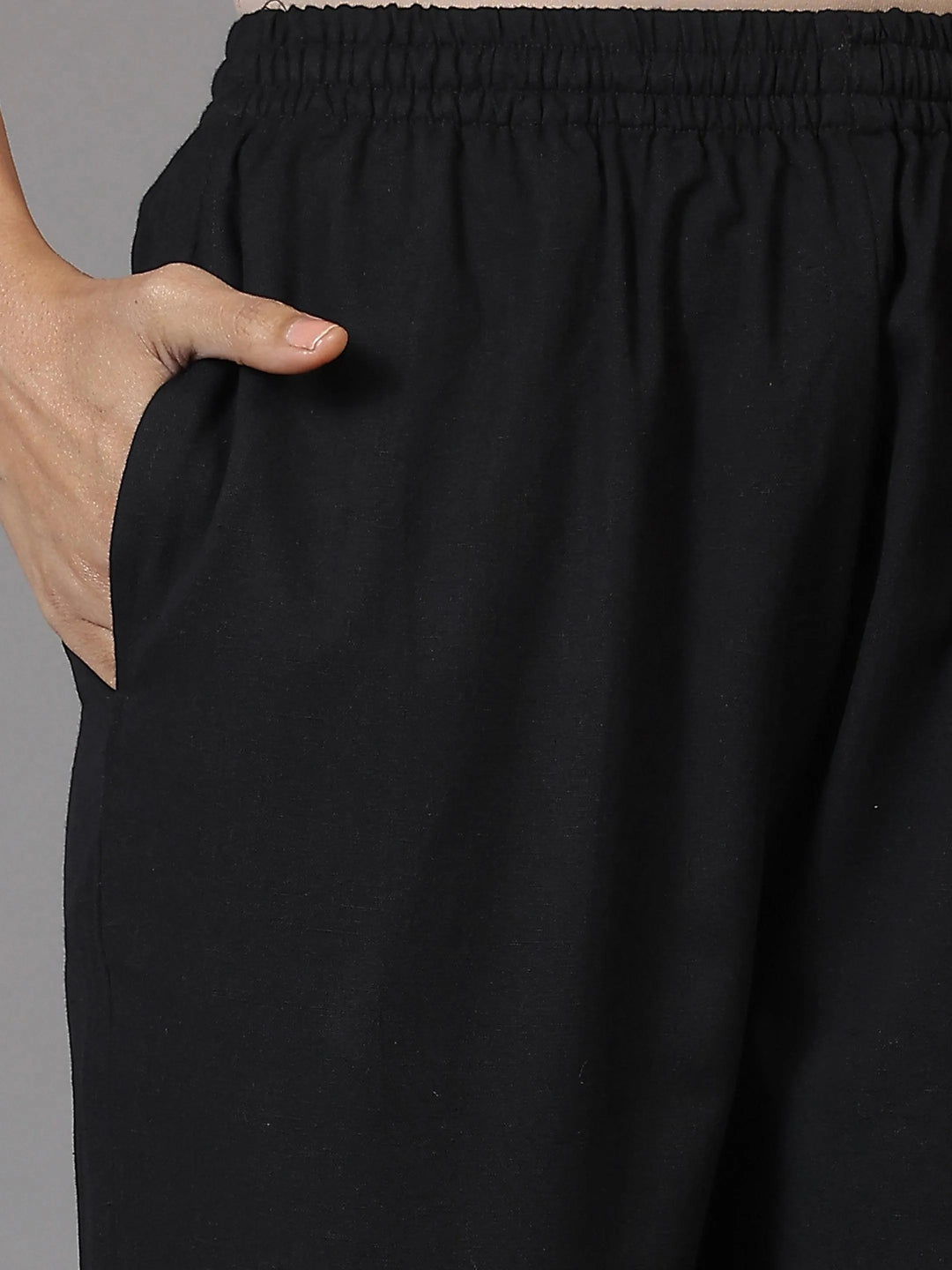Black Solid Cotton Trousers - Libas 