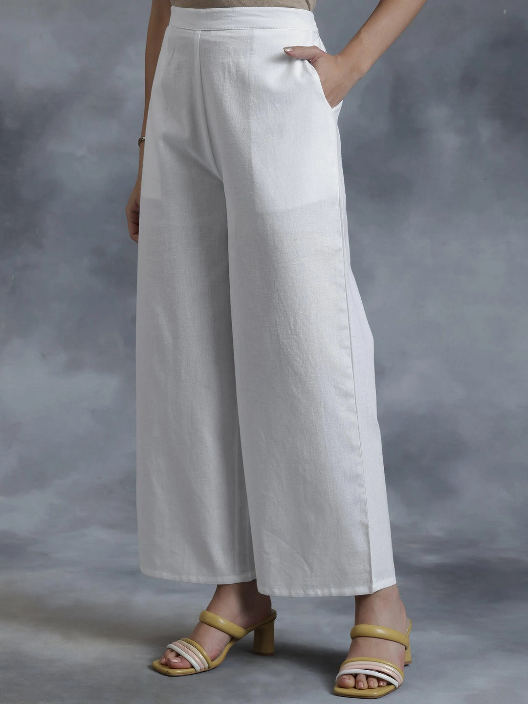 White Solid Cotton Palazzos - Libas 