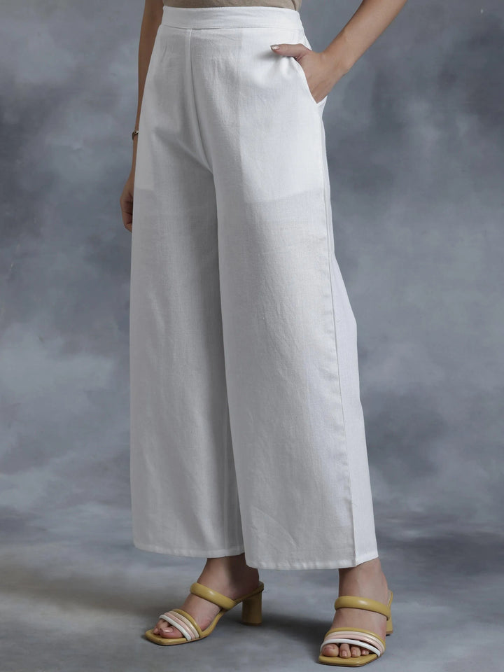 White Solid Cotton Palazzos - Libas