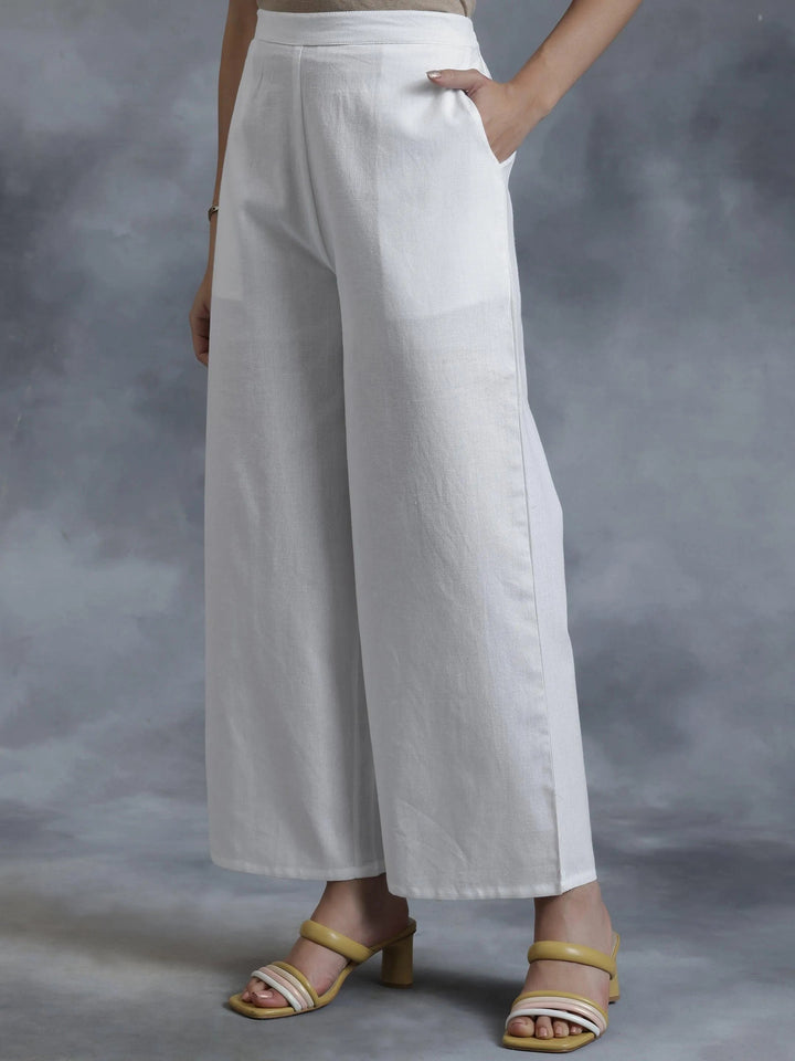 White Solid Cotton Palazzos - Libas